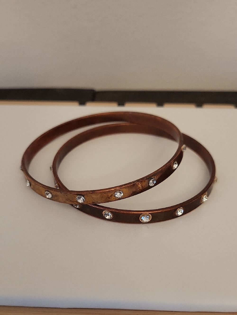 2 Rhinestone-Studded Copper Tone Bangle Bracelets - Picture 2 of 7